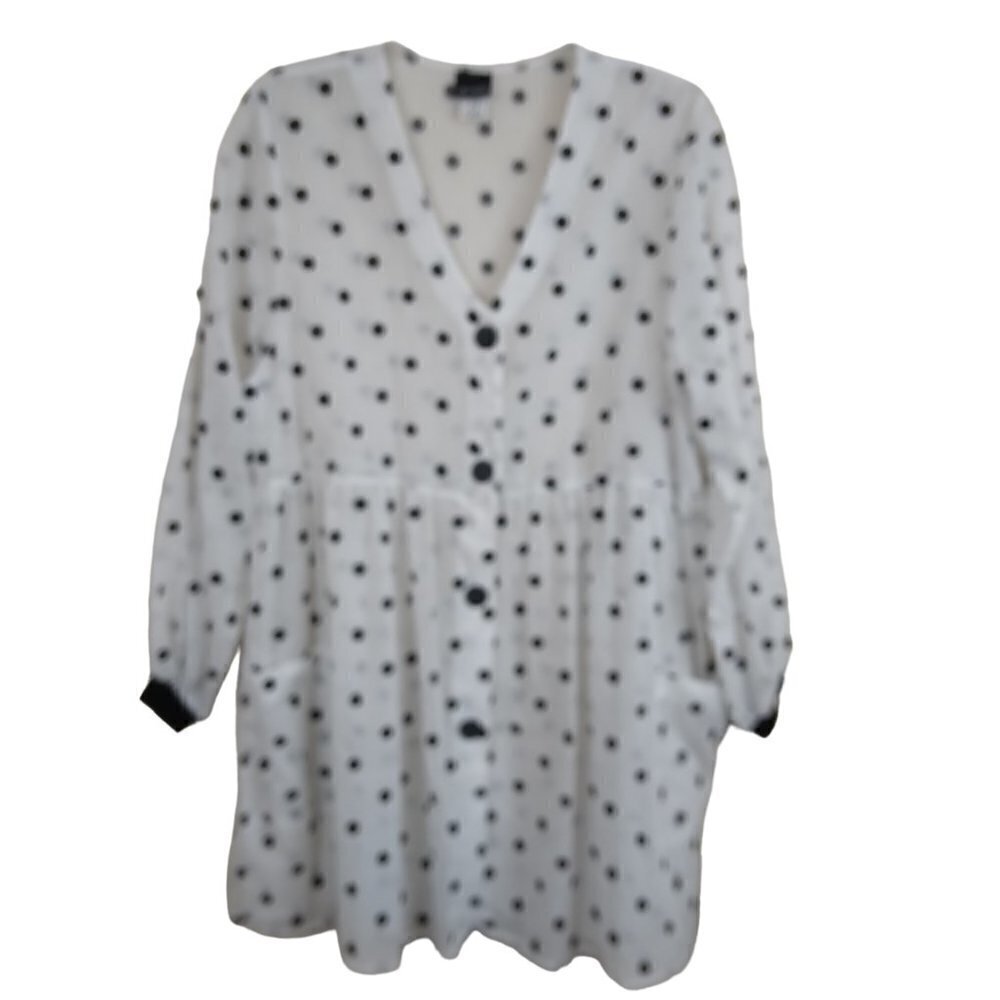 Dotti | Sheer Polka Dot Button Front Mini Dress Black White Made USA | Size L